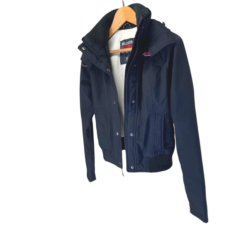 Hollister Navy Blue All-Weather Jacket Fleece Lined Removable Hood XS No Fur - Picture 4 of 15
